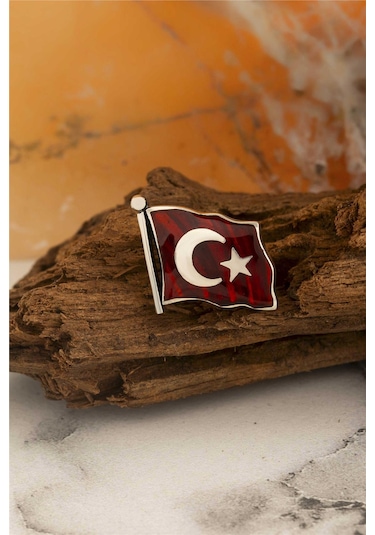 Mineli Türk Bayrağı Gümüş Rozet -5874 Gümüş