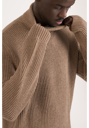 Regular Kesim Kalın Örgülü Yünlü Tam Balıkçı Triko Kazak Kahverengi