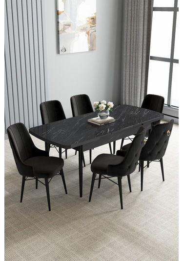 Jusie Siyah Mermer Desen 80x132 Açılabilir Mutfak Masası Takımı 6 Adet Sandalye Siyah