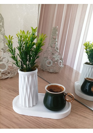 Mini Desenli Beton Saksı Tekli Ve Oval Tabak - Yapay Çiçek Hediyeli - Yeşil