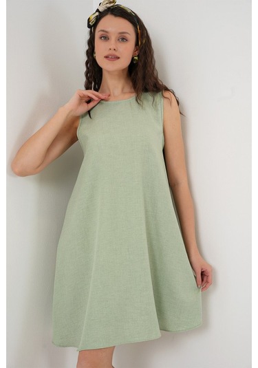 2444 Mini Keten Elbise - E.yeşil Yeşil