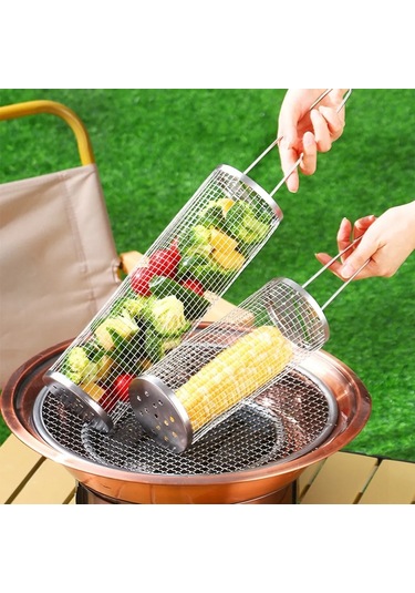 Saplı, Silindirik Paslanmaz Çelik Izgara Sepeti, Dış Mekan Izgara Sebze Izgara Ağı Borusu, Izgara Ağı, 30,5 Cm