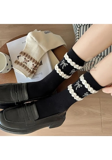 Trampler 4 Çift Kadın Pikotlu Ayıcık Desenli Renkli Çorap Kadın Mevsimlik Desenli Çorap Çok Renkli