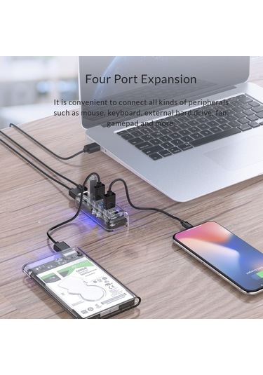 Orıco F4u 4 X Usb 3.0 Bağlantı Noktası 5gbps Mavi Led Gösterge Işığı İle Hızlı İletim Masaüstü Göbeği Şeffaf