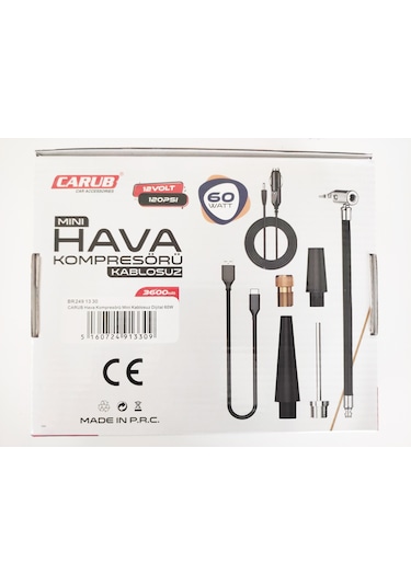 Carub BR249 13 30 12V 120Psi USB Typ-C 60 W Şarjlı Hava Kompresörü + 5 Aparat
