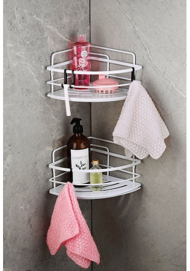 2’li Kancalı Yapışkanlı Banyo Duş Köşe Rafı – Ayarlanabilir Kristal Raf (Yapıştır/Vidala) Beyaz-Beyaz - LK-01 - BB