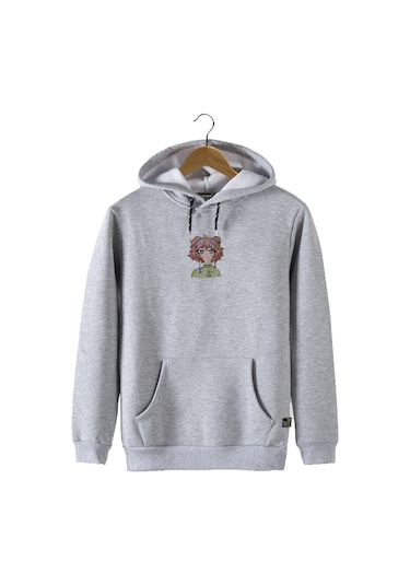 Unisex Gri Kapüşonlu Önü Anime Baskılı Slim Fit Kanguru Cepli Sweatshirt Gri