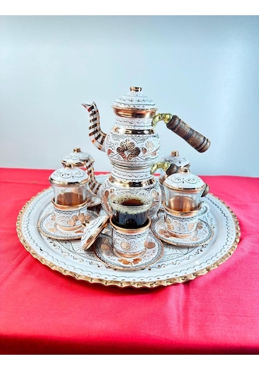 6lı Bakır Çay Ve Fincan Takımı,yuvarlak Tepsi,çaydanlık Küçük