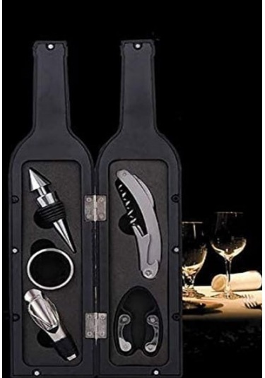 5 Parça Çelik Şişe Açacağı Seti Dekoratif Kılıf İle Şık Hediye Seti , Wine Opener Gift Set Siyah
