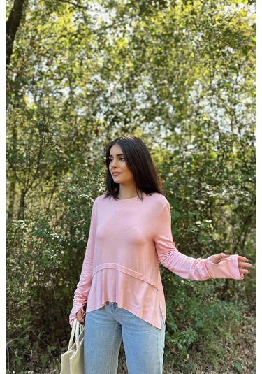 Kadın Pembe Elleri Eldiven Detaylı, Asimetrik Kesim, Bisiklet Yaka, Eteği Pliseli, Salaş Spor Bluz Pembe