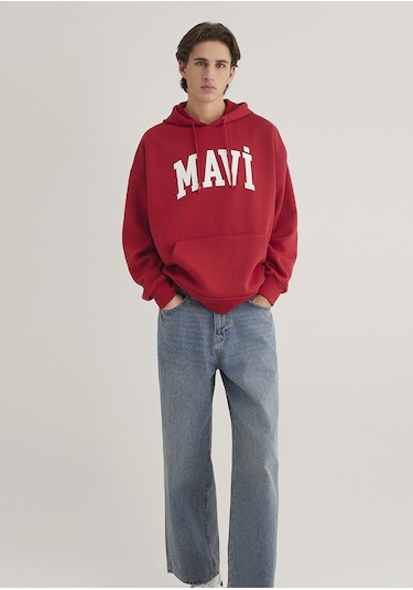 Mavi - Mavi Logo Baskılı Kapüşonlu Kırmızı Sweatshirt 067149-86417 Kırmızı