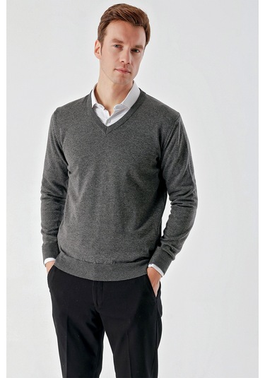 Morven Erkek Füme Basic V Yaka Dynamic Fit Rahat Kesim Triko Füme