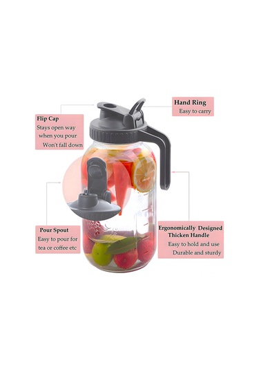 Qingmipy Sızdırmaz Geniş Ağızlı Cam Sürahi, 2 Litre Filtreli Soğuk Demleme İçecek Kabı, Su/meyve Suyu/çay/süt İçin Gri