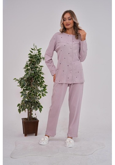 Mecit 6151 Bayan Lila Boydan Düğmeli Büyük Beden Pijama Takımı Lila