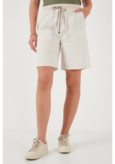 Lela Pamuklu Relaxed Fit Yüksek Bel Cepli Mini Bayan Şort 668Yp5384 Taş