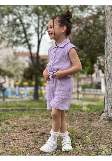 Kız Çocuk Müslin Gömlekli Şortlu Takım Mavi