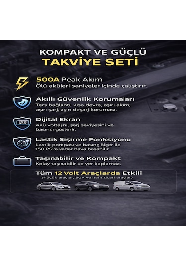 3000a Akıllı Takviye Kablosu 12v Güvenli Marş Destek Cihazı