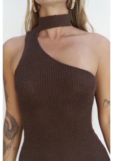 Budah Asimetrik Triko Kahve Mini Elbise Kahve