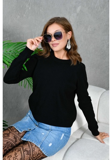 Kadın Bisiklet Yaka Kolları Ajurlu Basic Triko Kazak Siyah