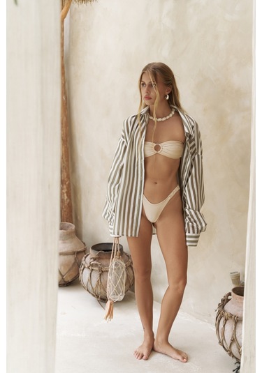 Rosy Transparan Çizgili Haki Oversize Gömlek Haki