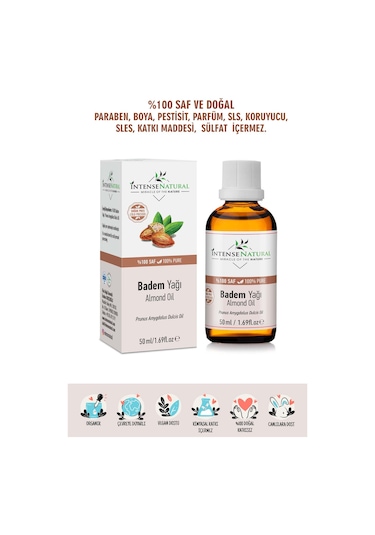 Intense Natural Badem Yağı Tatlı Soğuk Sıkım %100 Saf ve Doğal Sweet Almond Oil﻿ 50 ML