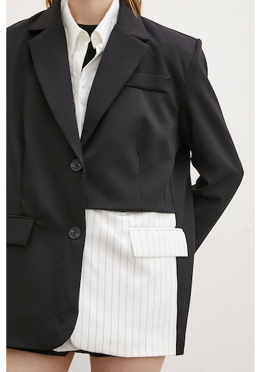 Never More Çizgi Detaylı Çift Düğmeli Blazer Ceket Beyaz Beyaz