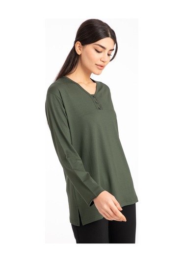 Kadın Orta Yaş ve Üzeri Dört Mevsim V Yaka Rahat Kalıp Likralı Viskoz Anne Penye Bluz 140-Haki