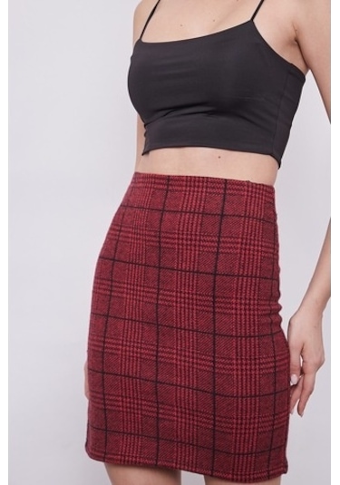 Kışlık Yünlü Kumaş Yüksek Bel Diz Üstü Kalem Etek-Bordo Ekose Bordo