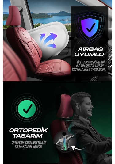 Bordo - Bordo Panda Rodos Serisi Deri Ortopedik Oto Koltuk Kılıfı - Tam Set