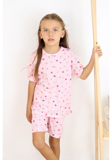Kız Çocuk Pamuklu Penye Kumaş Şortlu Pijama Takımı Beyaz - Pembe