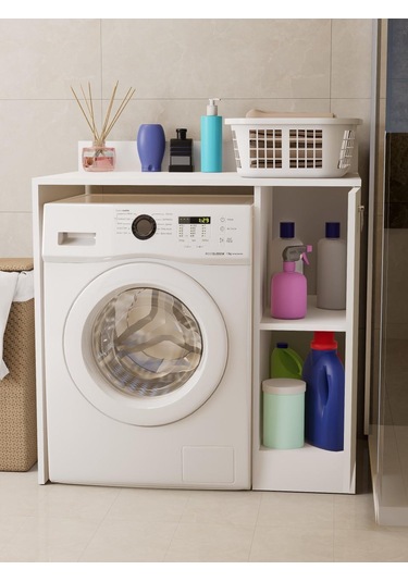 %100 Mdf Çamaşır Ve Kurutma Makinesi Dolabı, Kapaklı 2 Raflı Çamaşır Makinesi Düzenleyicisi Beyaz