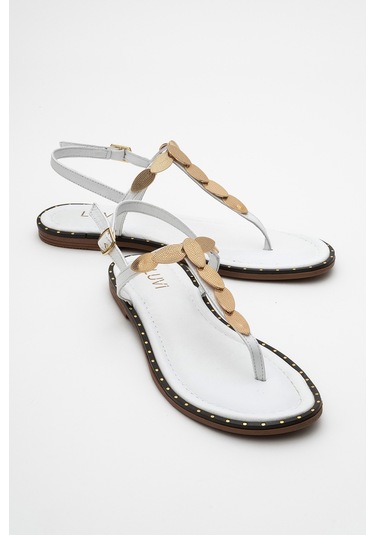 Marea Beyaz Hakiki Deri Parmak Arası Gold Tokalı Kadın Sandalet Beyaz