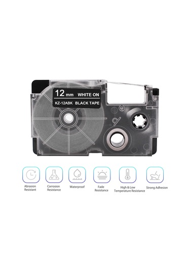 Shineyee Kz-12abk 12mm Pet Etiket Bandı - Siyah Üstü Beyaz Yazı, Dayanıklı, Suya Dayanıklı, Yüksek/low Sıcaklığa Dayanıklı, Yoğun Yapışkan, Casio Yazıcı Uyumlu