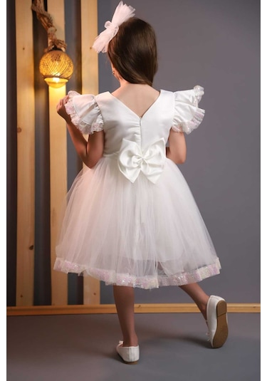 Kız Çocuk Tül Beyaz Pembe Kırmızı Tokalı Prenses Doğum Günü Bayram Abiye Mezuniyet Şık Elbise Beyaz