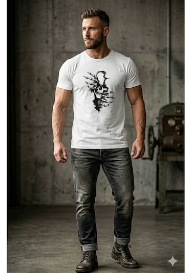Erkek Pamuklu Rahat Kalıp Kurukafa Baskılı T-shirt Beyaz