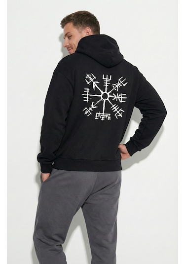 Nevermind Unisex Vegvisir Pusula Baskılı Sevgili Kombini Oversize Hoodie Seti Siyah