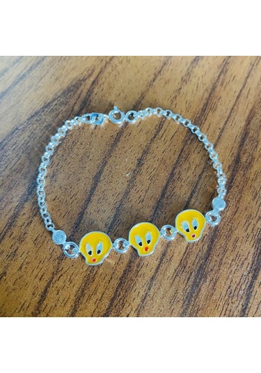 Sarı Kuş Taşlı Çocuk Gümüş Bileklik Bebek Künyesi Csb14