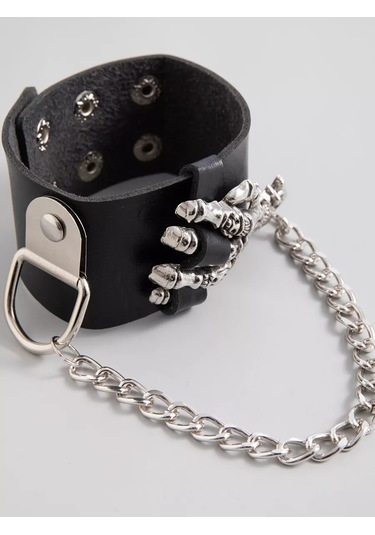Tevdı Zincirli Kafatası Punk Metal Eko Deri Bileklik 198603655 Siyah