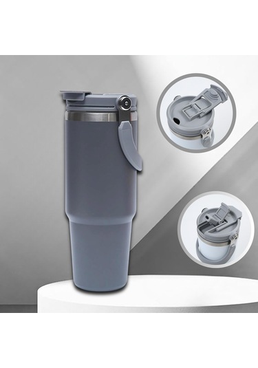 Pipetli Termos Bardak 900 Ml Paslanmaz Çelik -çift Kullanımlı Kapak Gri