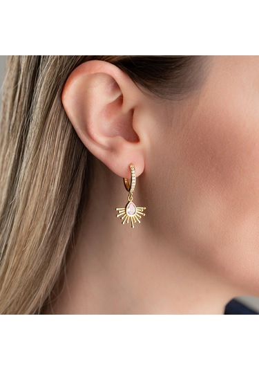 Vaoov 925 Ayar Gümüş Pembe Damla Taşlı Güneş Küpe Altın