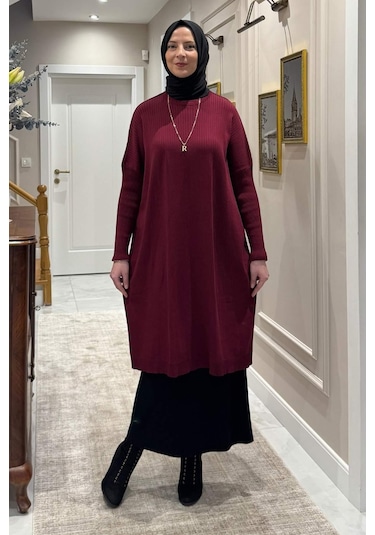 Rabia Şamlı Dora Triko Tunik Bordo Çok Renkli