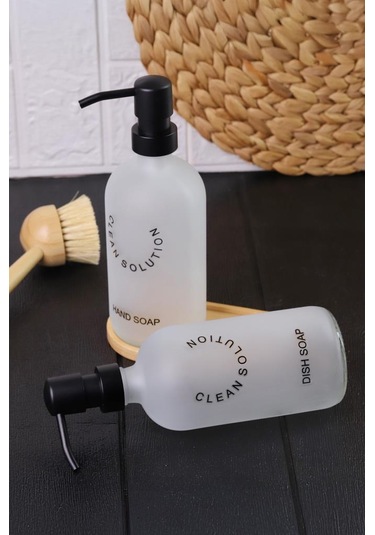 2'li Sablaj Cam Beyaz Sıvı Sabunluk Seti Standlı Beyaz