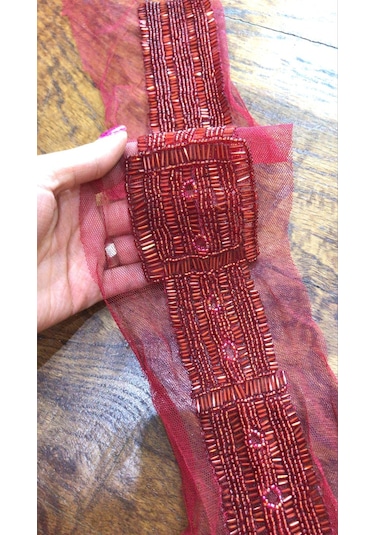 Kırmızı Boncuk İşleme Dikiş Giyim Aksesuarı Aplike 50 Cm
