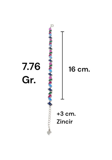Karışık Kesim Renkli Taşlı Asimetrik Tasarımlı 925 Ayar Gümüş Bileklik Göz Alıcı Trend Model Gümüş