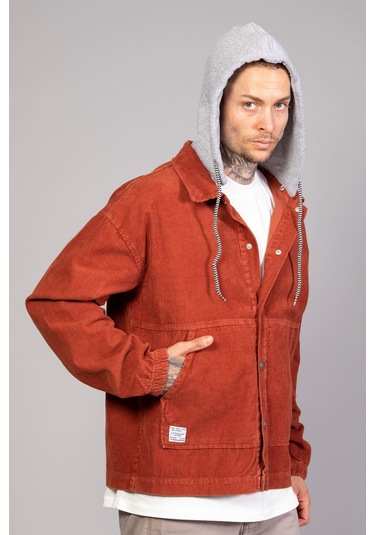 Erkek Kiremit Çıkarılabilir Kapüşonlu Oversize Pamuklu Kadife... Kiremit