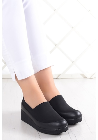 Erkan Saçmacı Rebecca Siyah Hakiki Deri Ön Yüz Streç Dolgu Topuklu Günlük Ayakkabı