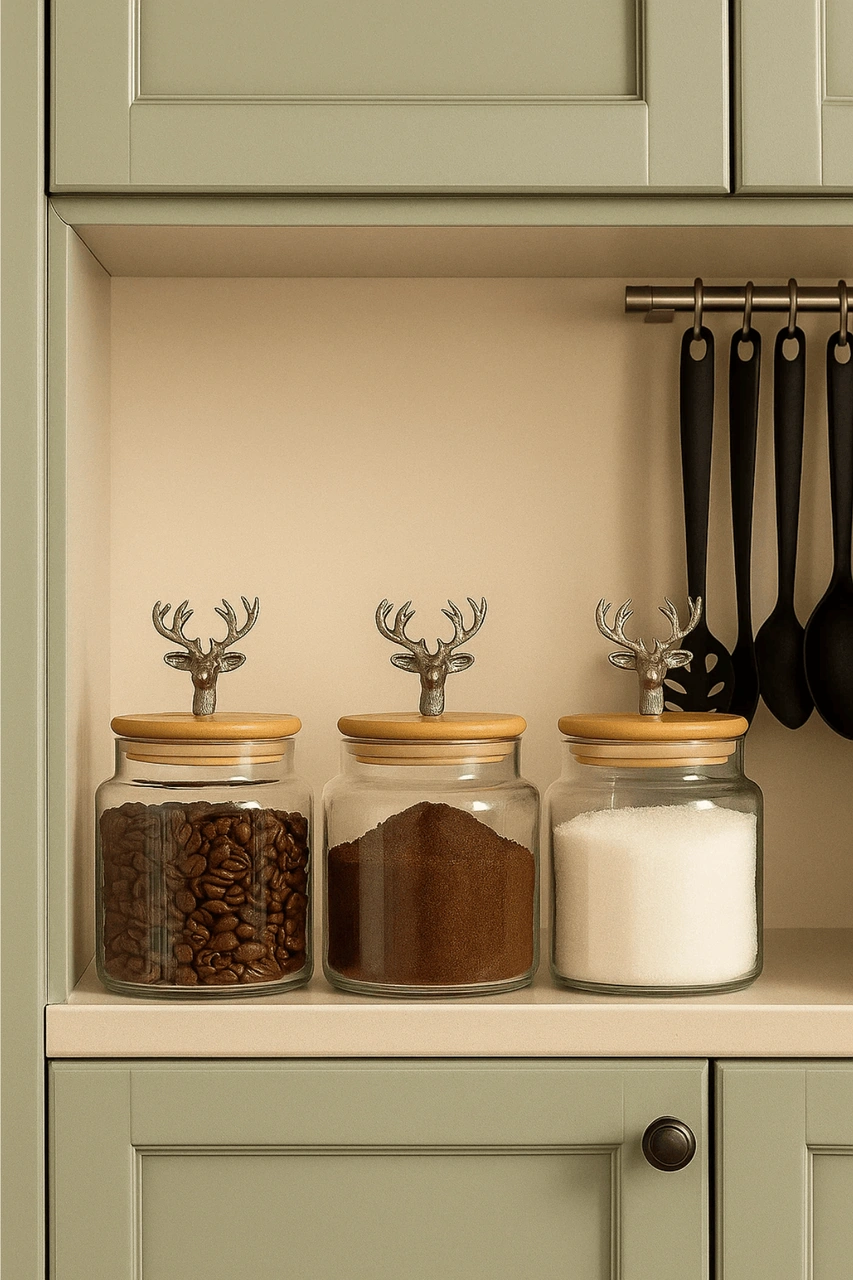 3'lü Metal Siyah Geyik Figürlü Bambu Kapaklı Cam Kavanoz Şık Saklama Kabı 635 Cc Şeffaf