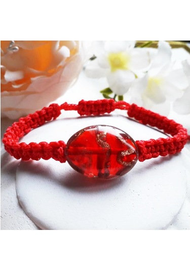 Kırmızı Altın Yaldızlı Hint Boncuğu Makrome Örme Kadın Bileklik Kırmızı