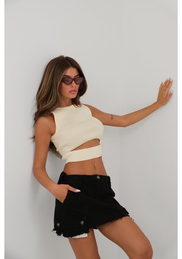 Ahes Shopping Pencere Detay Triko Bluz Ekru