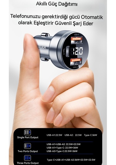 Essager 80w Araç Şarjı Type-c+usb Üç Giriş Hızlı Pd Ce Lisanslı